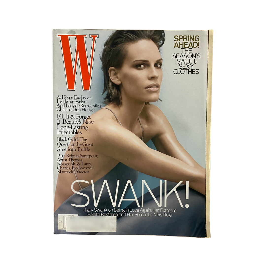 W Magazine January 2008 cover featuring Hillary Swank, showcasing her beauty and style as the main feature. The magazine covers contemporary fashion trends and cultural insights.