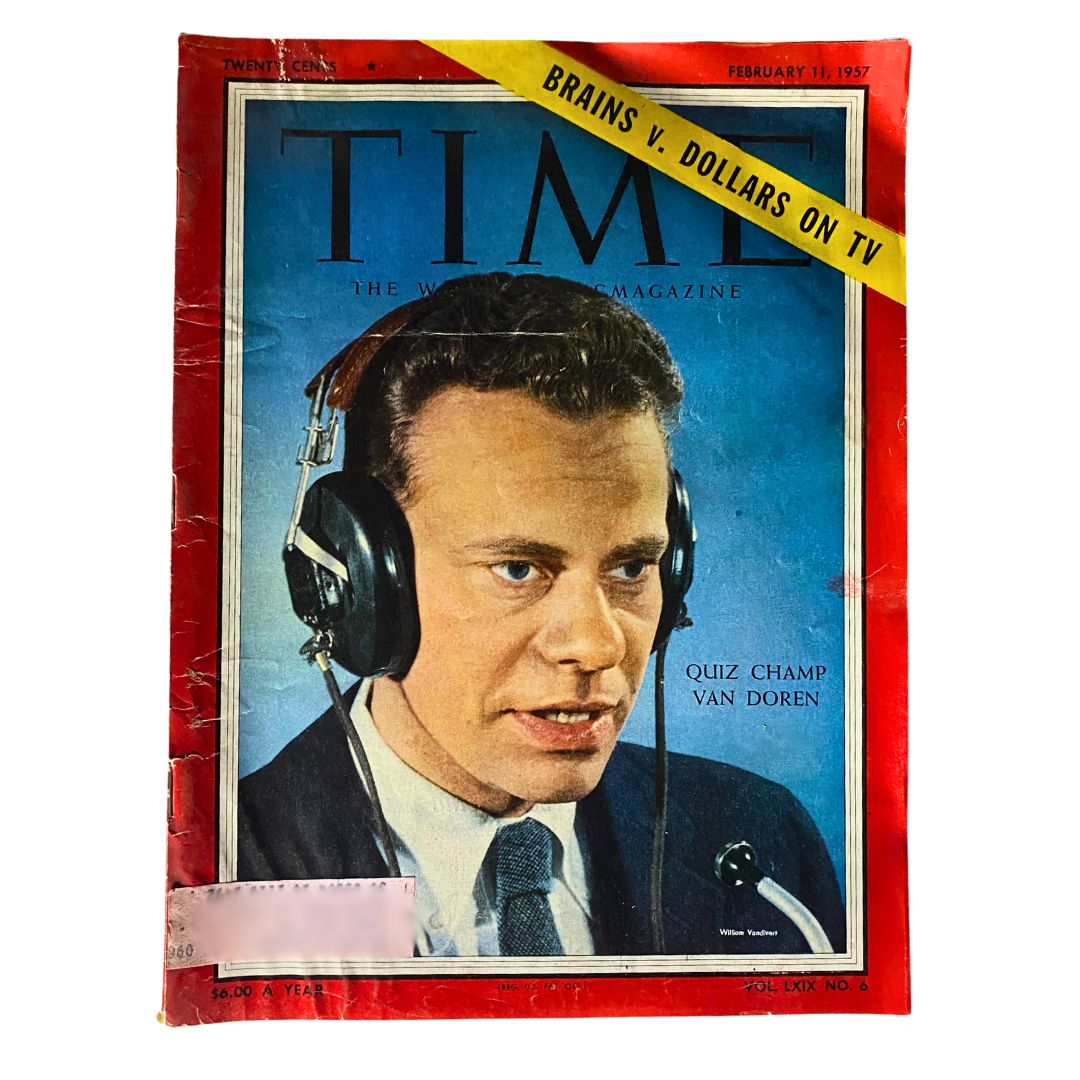 Vintage Time Magazine from February 11, 1957 featuring Quiz Champ Van Doren on the cover, showcasing mid-century American culture and entertainment history.