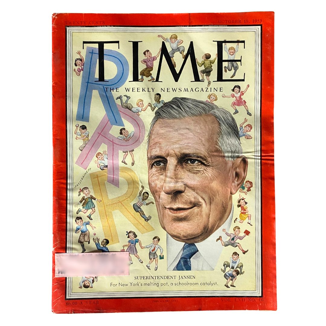 Vintage Time Magazine October 19, 1953, Vol 62 No. 16 featuring Superintendent William Jansen on the cover, surrounded by children and vibrant colors, showcasing a snapshot of mid-20th century history.