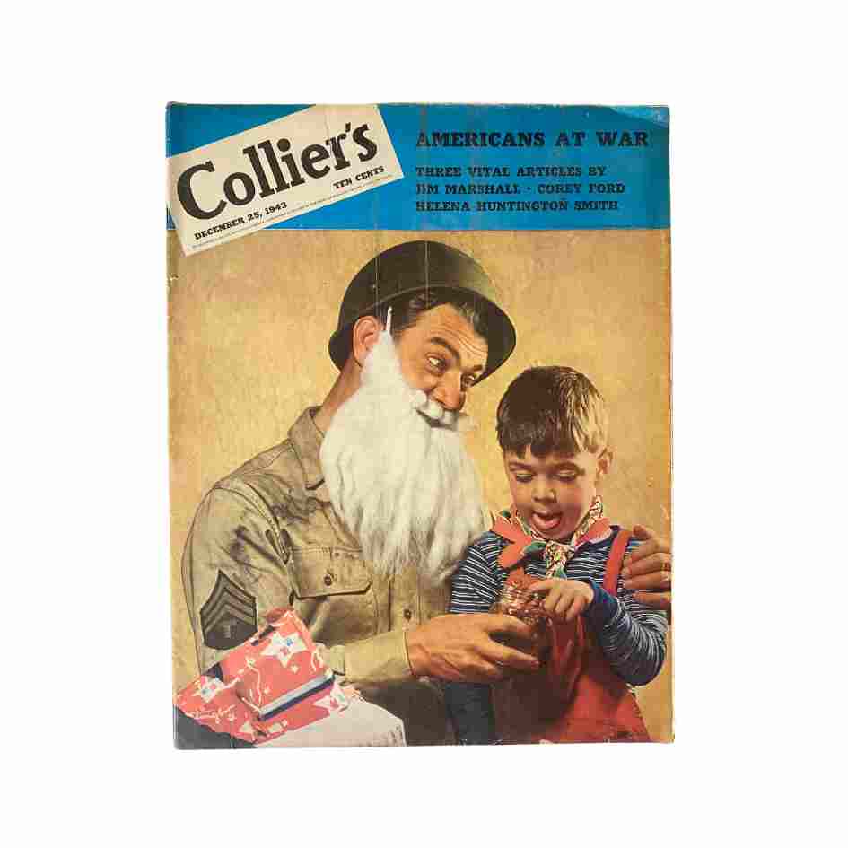 Cover of VTG Collier's Magazine December 25, 1943 featuring a soldier with a beard and a child, depicting the theme 'Americans at War'.