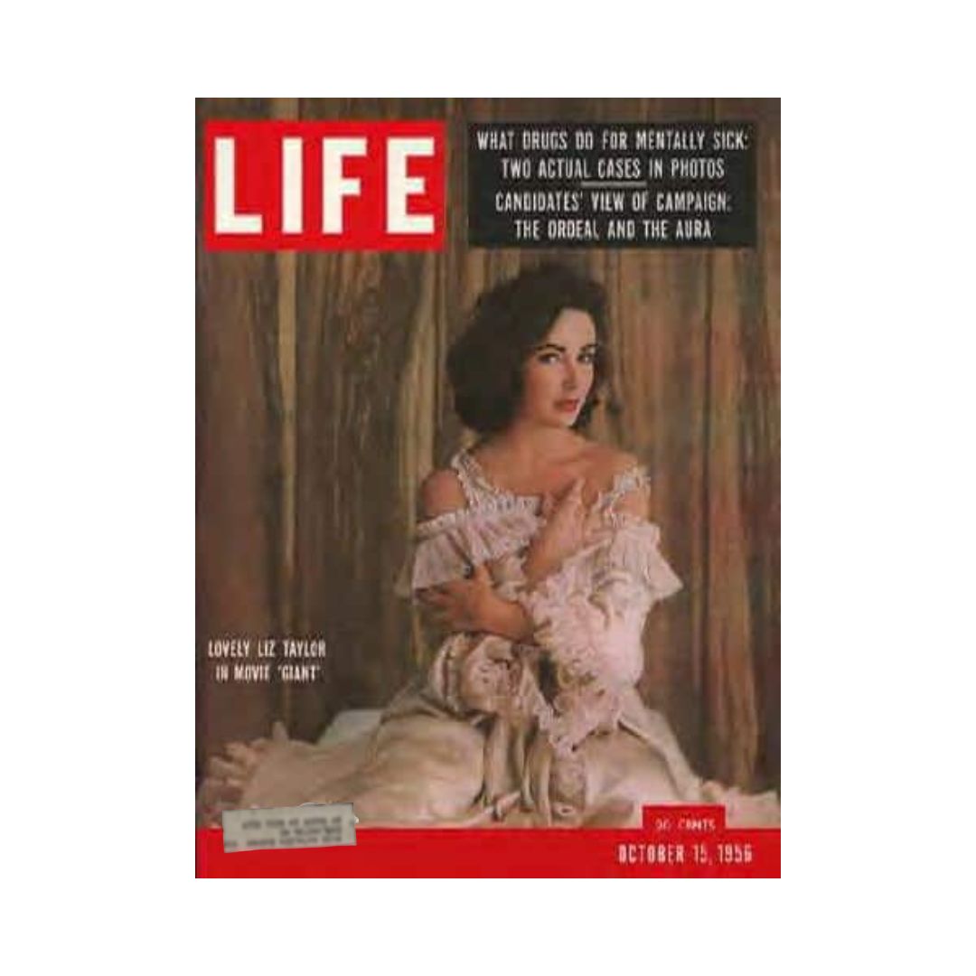 Cover of VTG Life Magazine from October 15, 1956 featuring Elizabeth Taylor in the movie Giant, highlighting her classic Hollywood glamour.