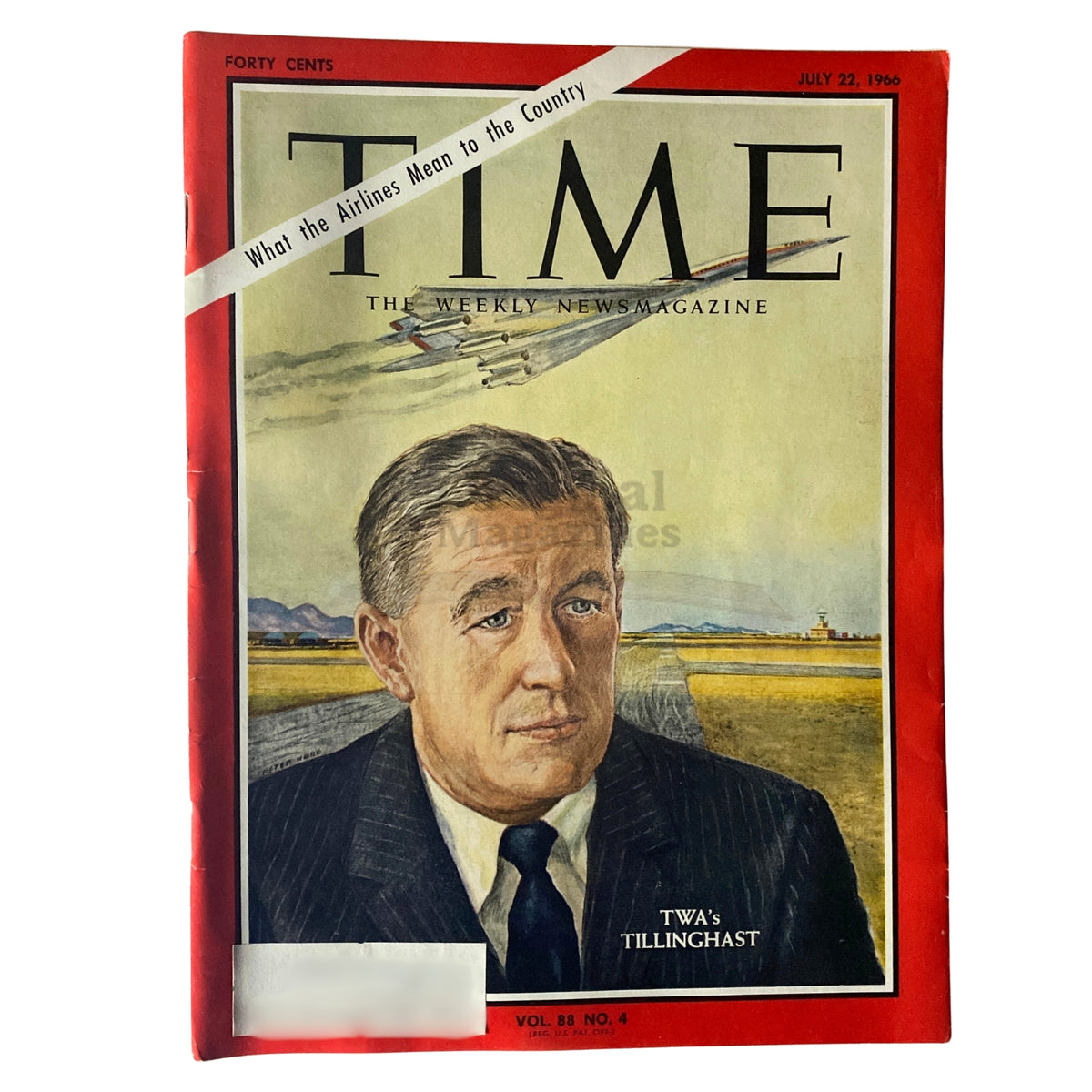Time Magazine July 22, 1966 Vol 88 No. 4 featuring TWA's A. W. Tillinghast on the cover, showcasing a vintage illustration and an airplane in the background.