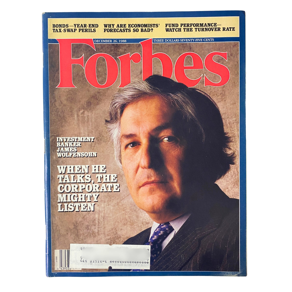 Cover of Forbes Magazine December 26, 1988 featuring investment banker James Wolfensohn with the headline 'When He Talks, The Corporate Mighty Listen' and insights into corporate influence.
