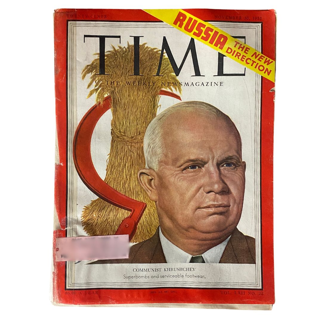 Cover of VTG Time Magazine from November 30, 1953, featuring Nikita Khrushchev, with a red and yellow theme and a prominent Soviet emblem.