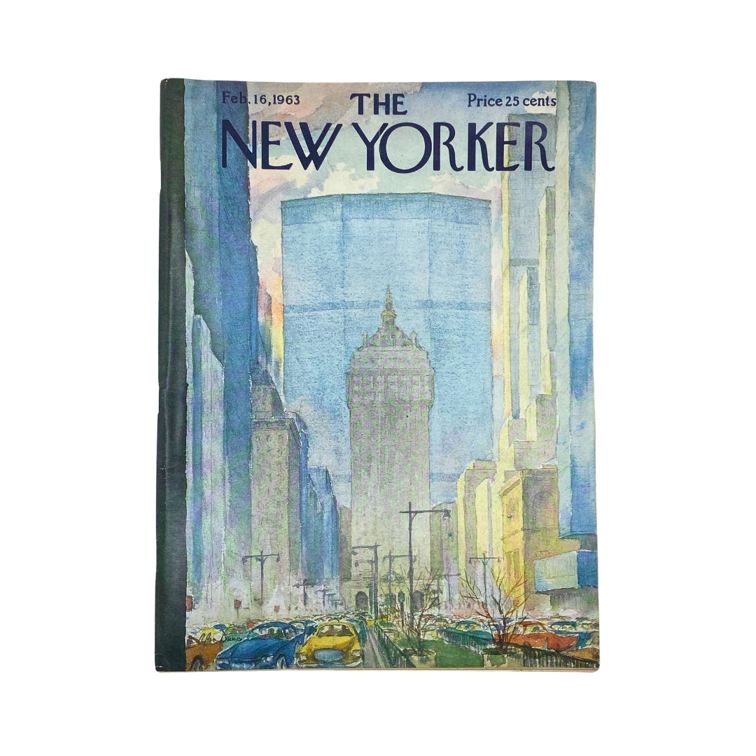 The New Yorker Complete Magazine February 16, 1963 Alan Dunn Cover featuring a watercolor illustration of a cityscape, showcasing skyscrapers and a bustling street.