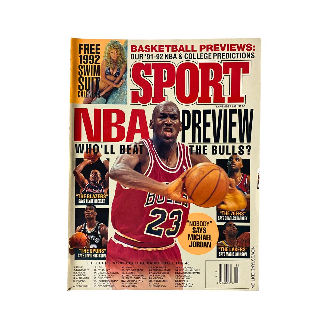 Cover of Sport Magazine November 1991 featuring Michael Jordan in a Chicago Bulls jersey and Charles Barkley, highlighting an NBA preview with key discussions on who can beat the Bulls.