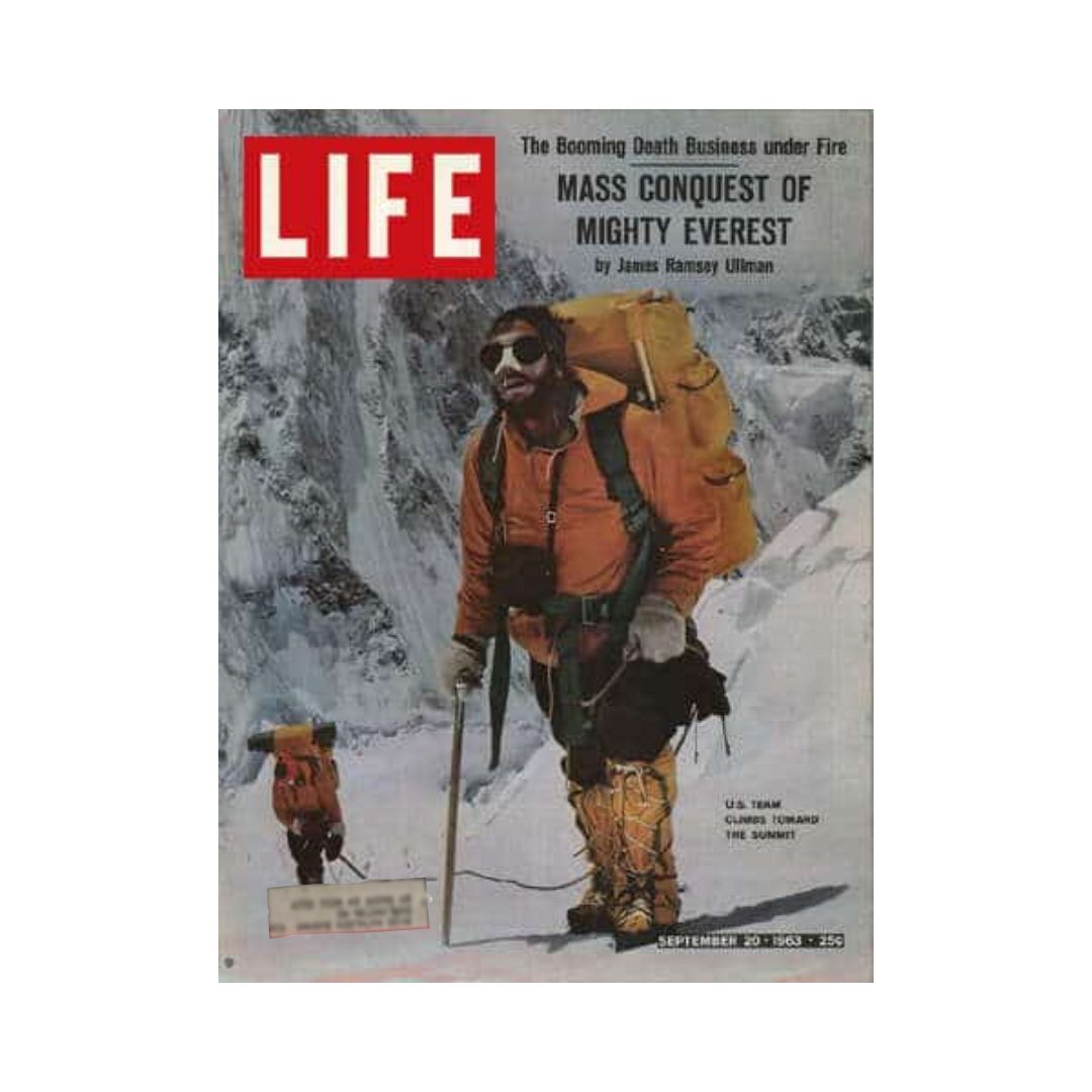 Cover of Life Magazine from September 20, 1963, featuring the title 'U.S. Team Climbs Toward Mt. Everest Summit' with climbers in orange gear, highlighting the adventure and challenges of mountaineering.