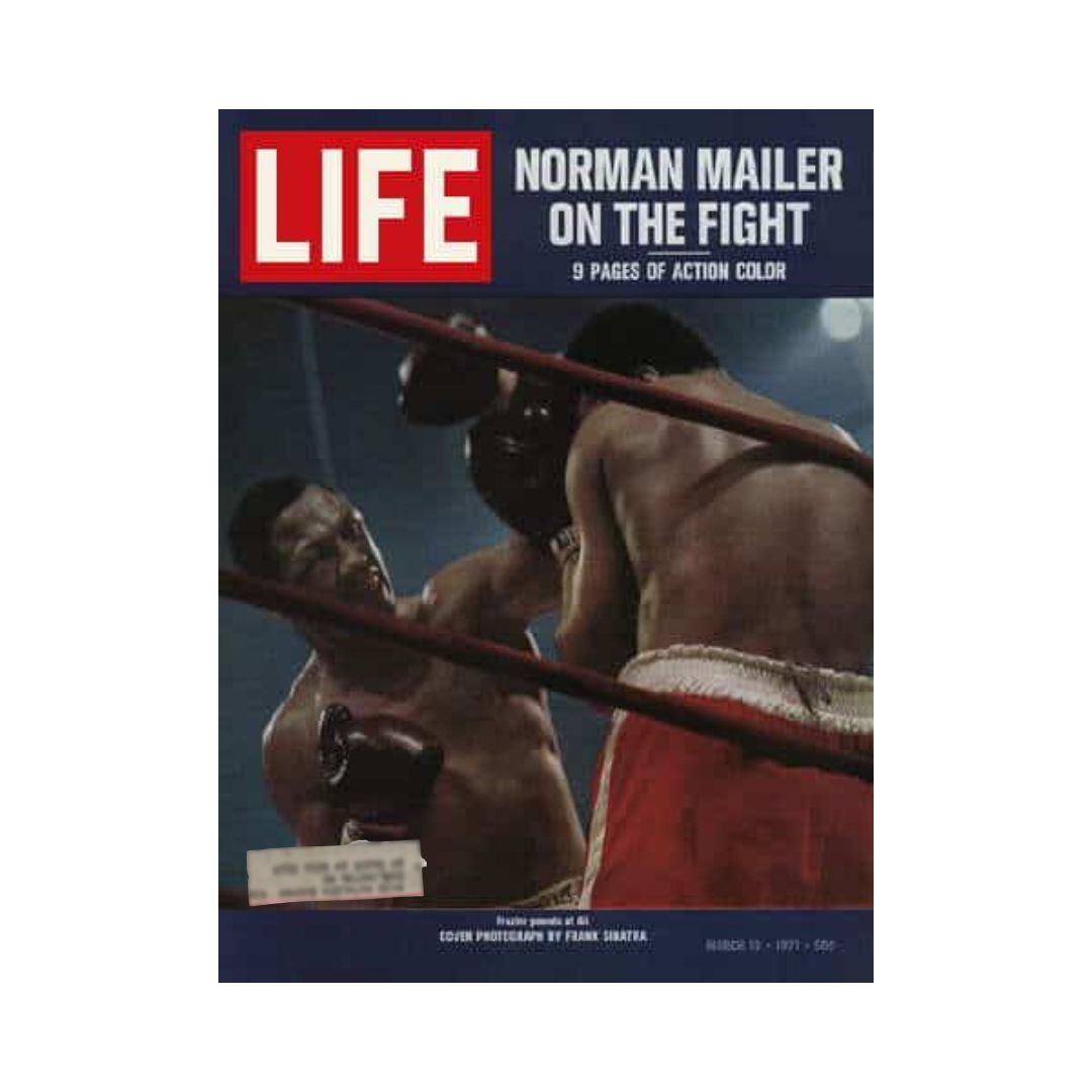 Cover of VTG Life Magazine March 19, 1971 featuring Muhammad Ali vs. Joe Frazier, with a focus on boxing action and vibrant colors, accompanied by narrative by Frank Sinatra and insights by Norman Mailer.