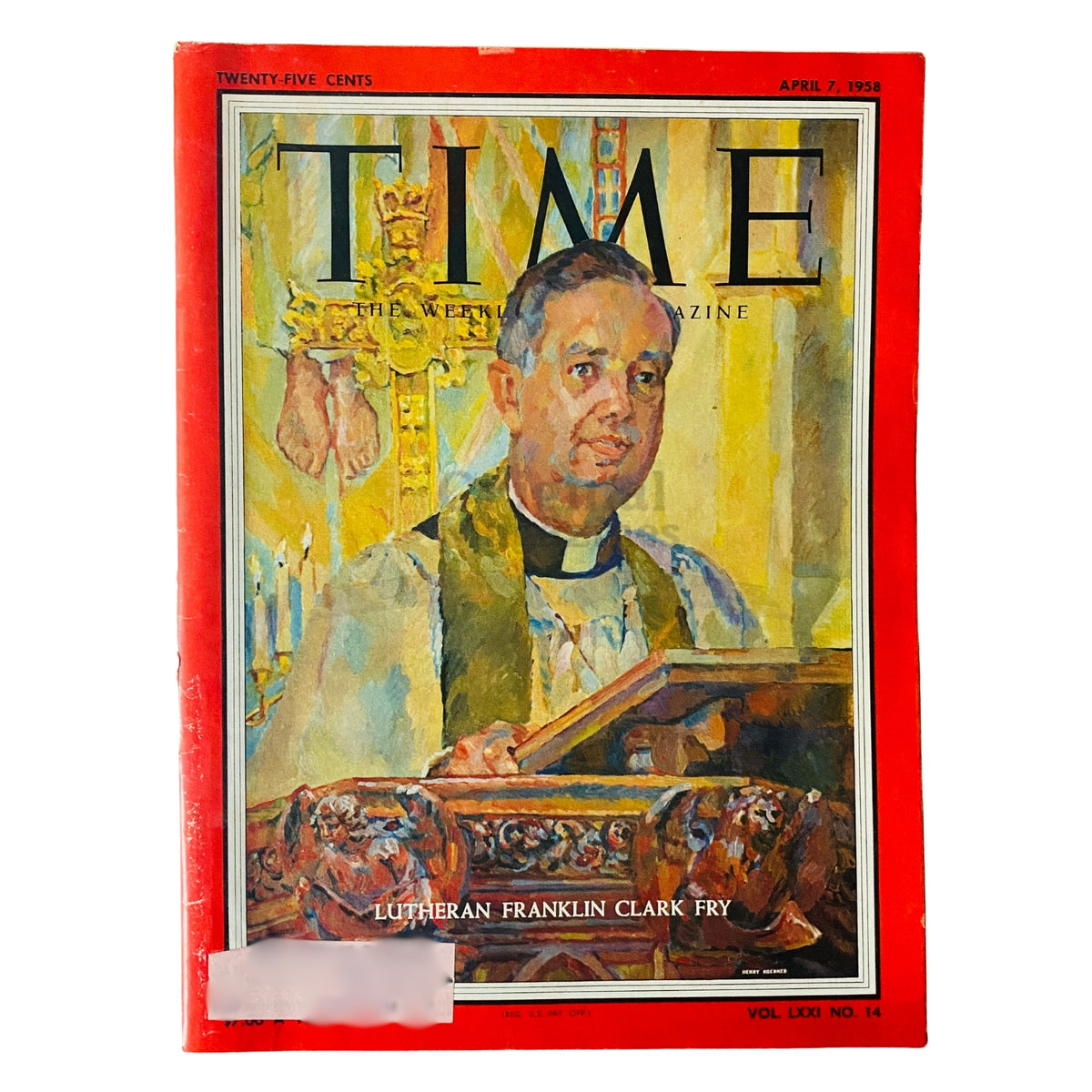 Time Magazine April 7 1958 Vol 71 No. 14 cover featuring Lutheran Franklin Clark Fry, showcasing a historical depiction of an influential figure in the Lutheran community.