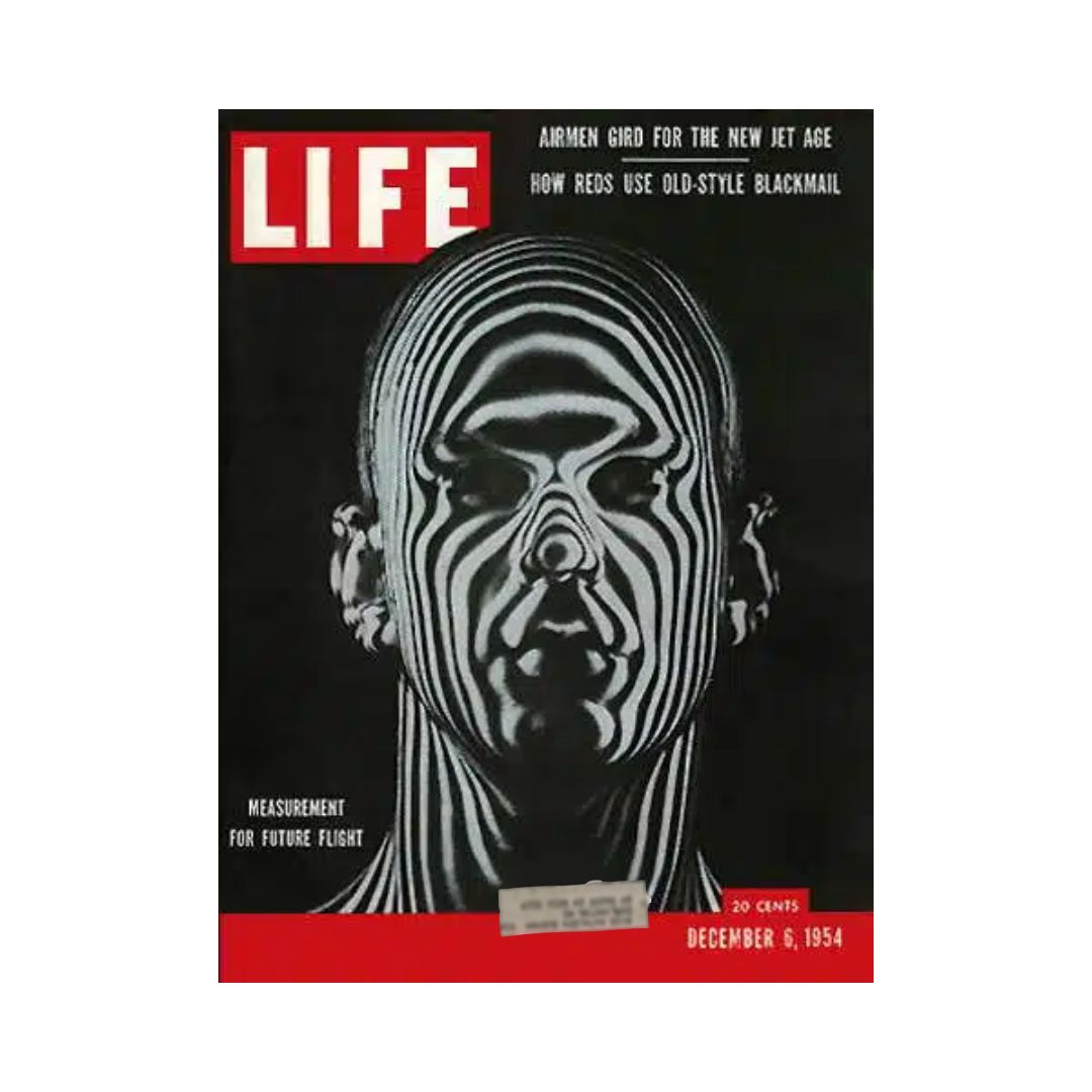 Cover of Life Magazine dated December 6, 1954, featuring the title 'VTG Life Magazine December 6, 1954 Jet Age Man / Cold War Blackmail' with a striking image of a face appearing with zebra-like stripes, symbolizing measurement for future flight.