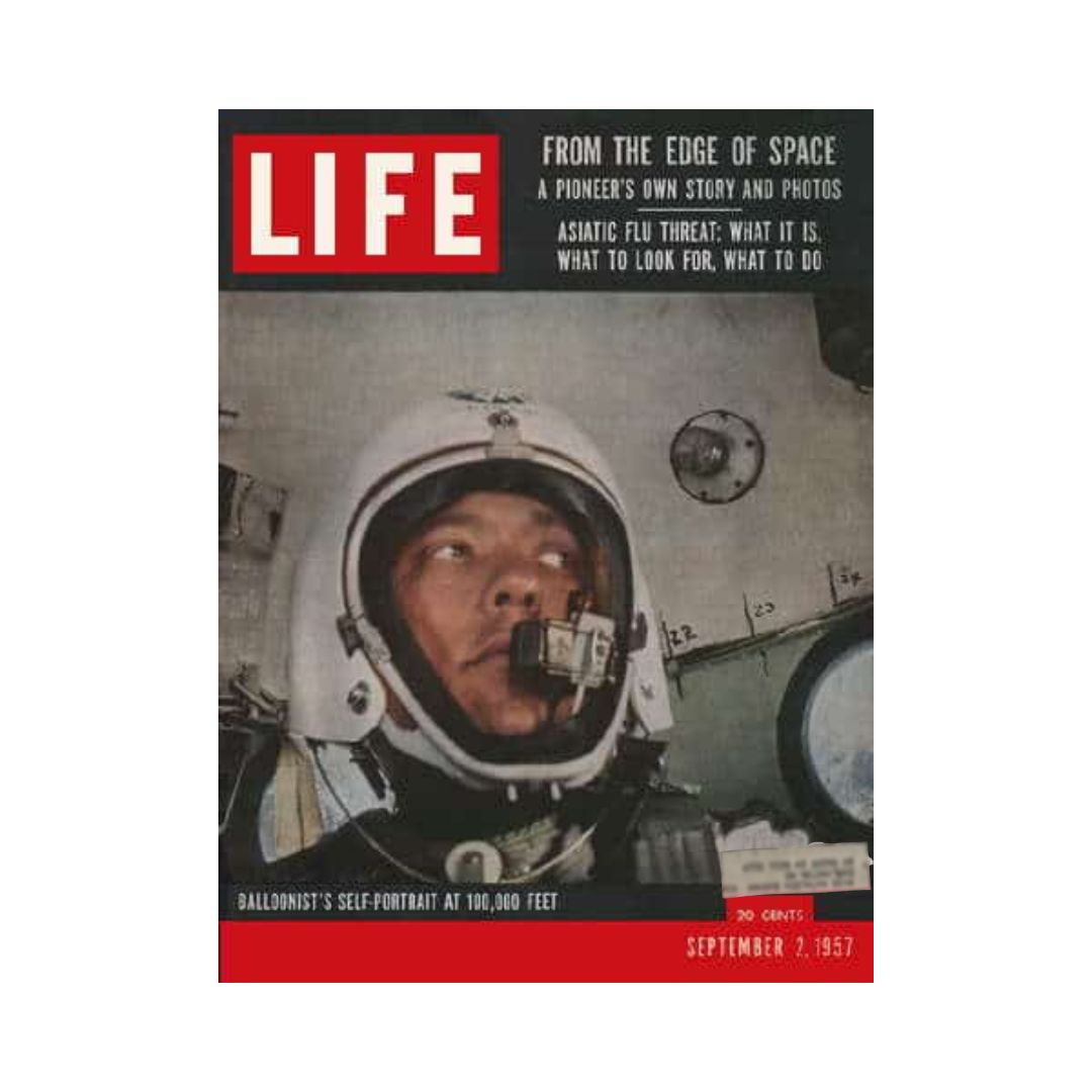Cover of VTG Life Magazine, September 2, 1957, featuring balloonist Major David Simmons. The image showcases the pioneering spirit of the Cold War era with a self-portrait of Simmons at 100,000 feet, highlighting his historical ballooning journey.