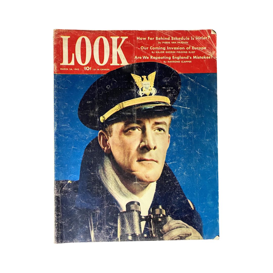 Cover of the VTG Look Magazine March 24, 1942, Vol 6 No. 6 titled 'Our Coming Invasion of Europe', featuring a soldier in uniform with binoculars, highlighting wartime themes.