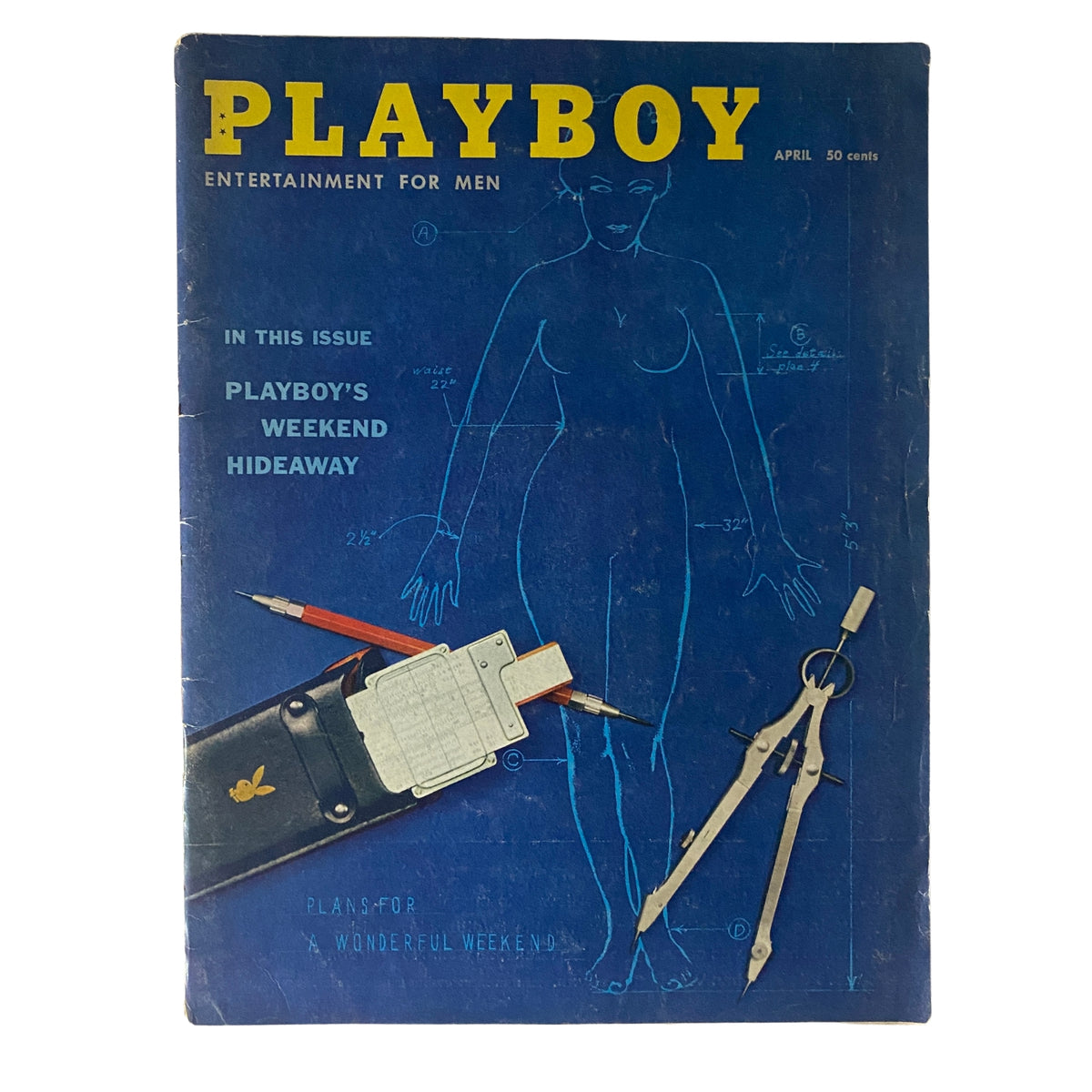 Cover of Playboy Magazine April 1959 featuring a vintage blue design, showcasing the title and a centerfold illustration. This collectible issue includes highlights such as Playboy's Weekend Hideaway.