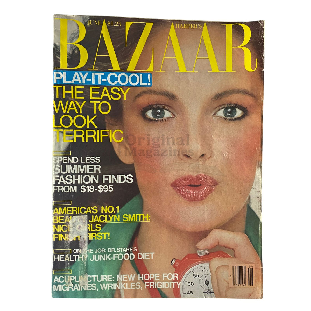 Harper's Bazaar Magazine June 1979 cover featuring Jaclyn Smith, showcasing fashion trends and beauty tips from the late 1970s.