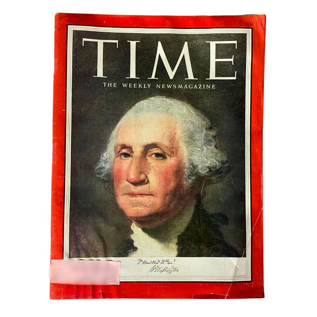 Vintage Time Magazine from July 6, 1953, featuring George Washington on the cover. The magazine is well-preserved, showcasing a portrait of Washington with a historical red border design.