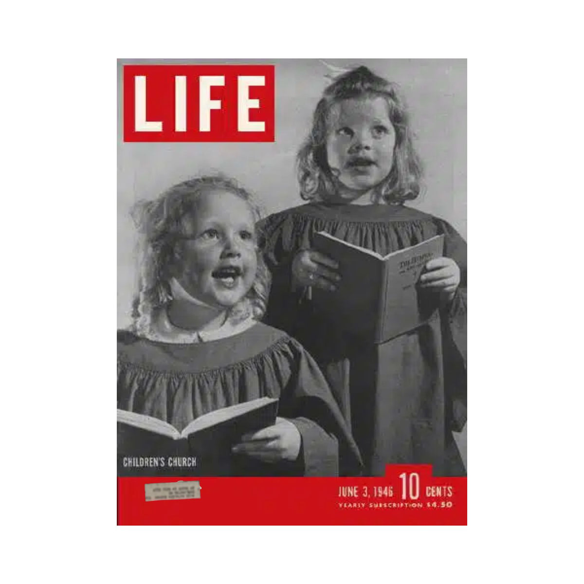 Cover of VTG Life Magazine June 3, 1946 featuring two girls in choir robes holding hymn books, showcasing the theme 'Children’s Church'.