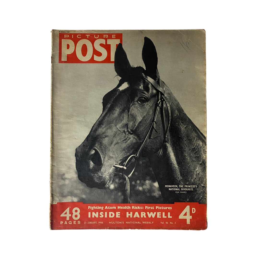 Cover of the VTG Picture Post Magazine, January 21, 1950, titled 'Monaveen Princess's Favorite'. The magazine features an image of a horse and highlights articles on various historical topics.