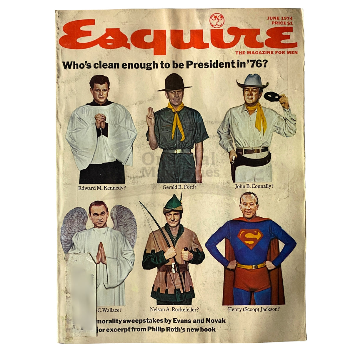 Esquire Magazine June 1974 cover featuring Edward M. Kennedy, Gerald R. Ford, John B. Connally, with a theme questioning presidential cleanliness, showcasing various characters.