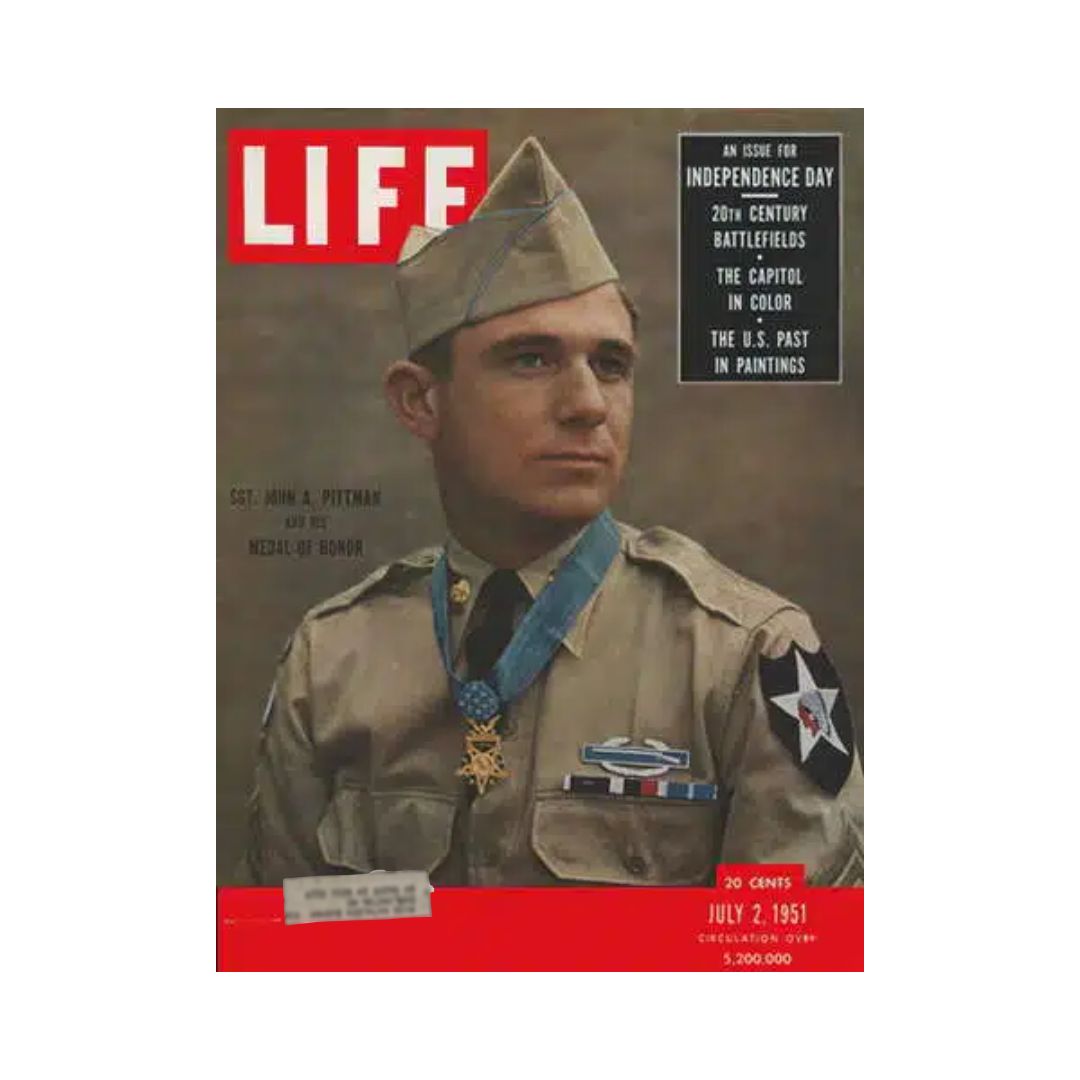 VTG Life Magazine July 2, 1951 featuring Sgt. John A. Pittman, Medal of Honor recipient, showcasing the magazine cover with him in uniform and wearing the Medal of Honor.