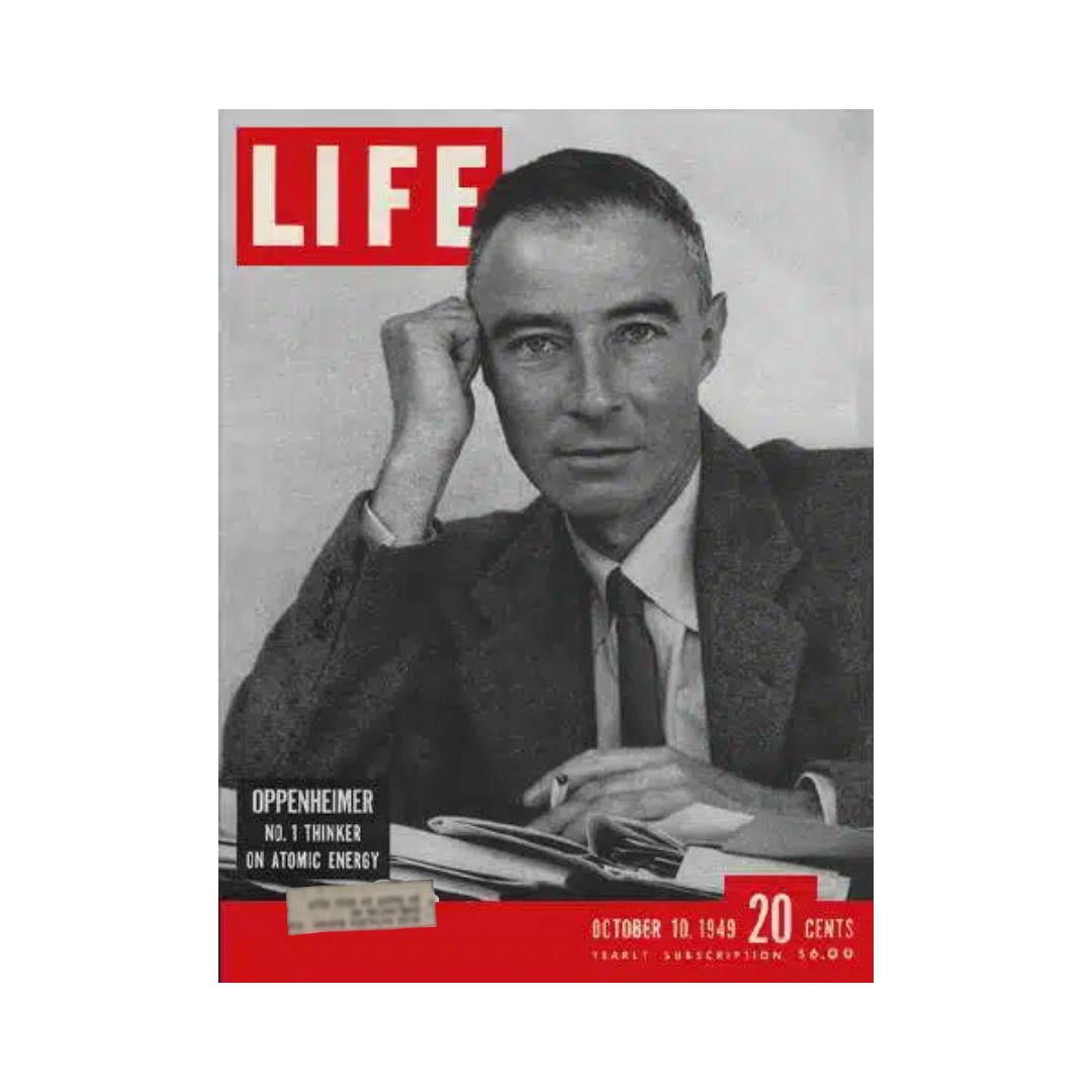Cover of VTG Life Magazine from October 10, 1949 featuring J.R. Oppenheimer, the atomic nuclear pioneer, with the headline ‘Oppenheimer No. 1 Thinker on Atomic Energy’, priced at 20 cents.