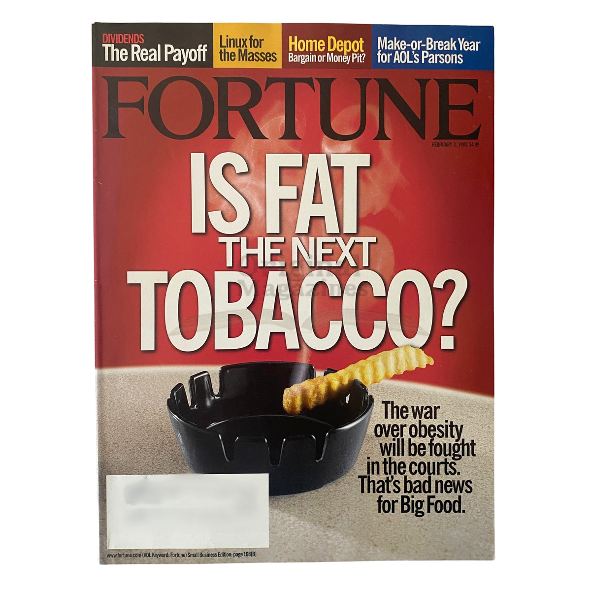 Cover of Fortune Magazine February 3, 2003 titled 'Is Fat the Next Tobacco?' featuring a cigarette-like fry in an ashtray, highlighting the debate on obesity and its implications on health and policy.