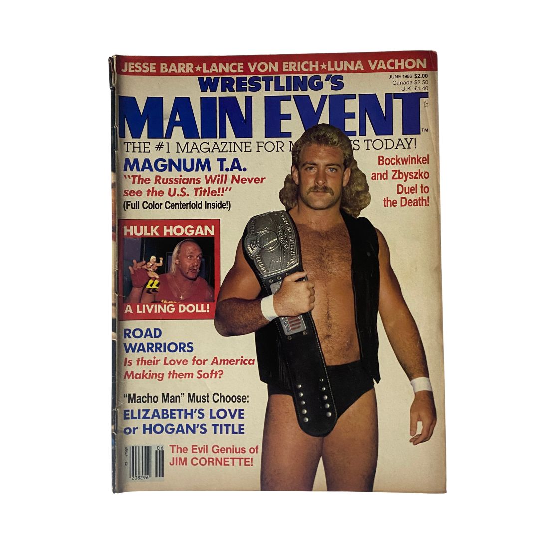 Cover of VTG Wrestling's Main Event Magazine June 1986 featuring Magnum T.A. with a championship belt and Hulk Hogan's photo, highlighting wrestling legends.
