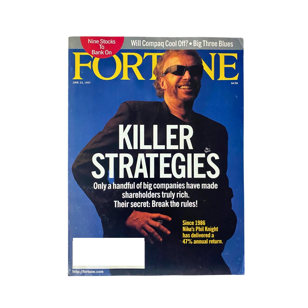 Cover of Fortune Magazine, June 23, 1997, featuring the title 'Killer Strategies' with emphasis on how major companies make their shareholders rich, showcasing a man in sunglasses and a suit under the headline.