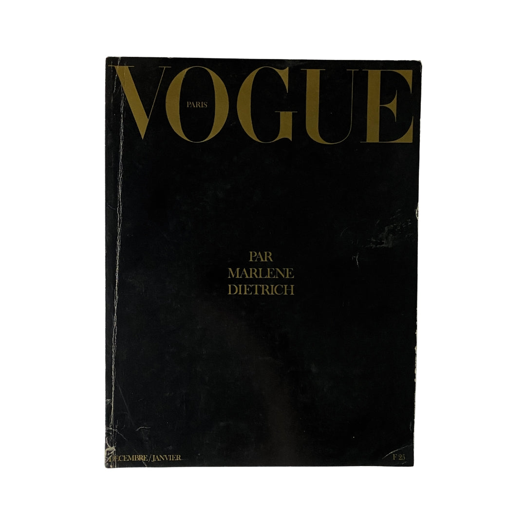 Cover of Vogue Paris Magazine December - January 1974 featuring Marlene Dietrich, showcasing iconic fashion and elegance.