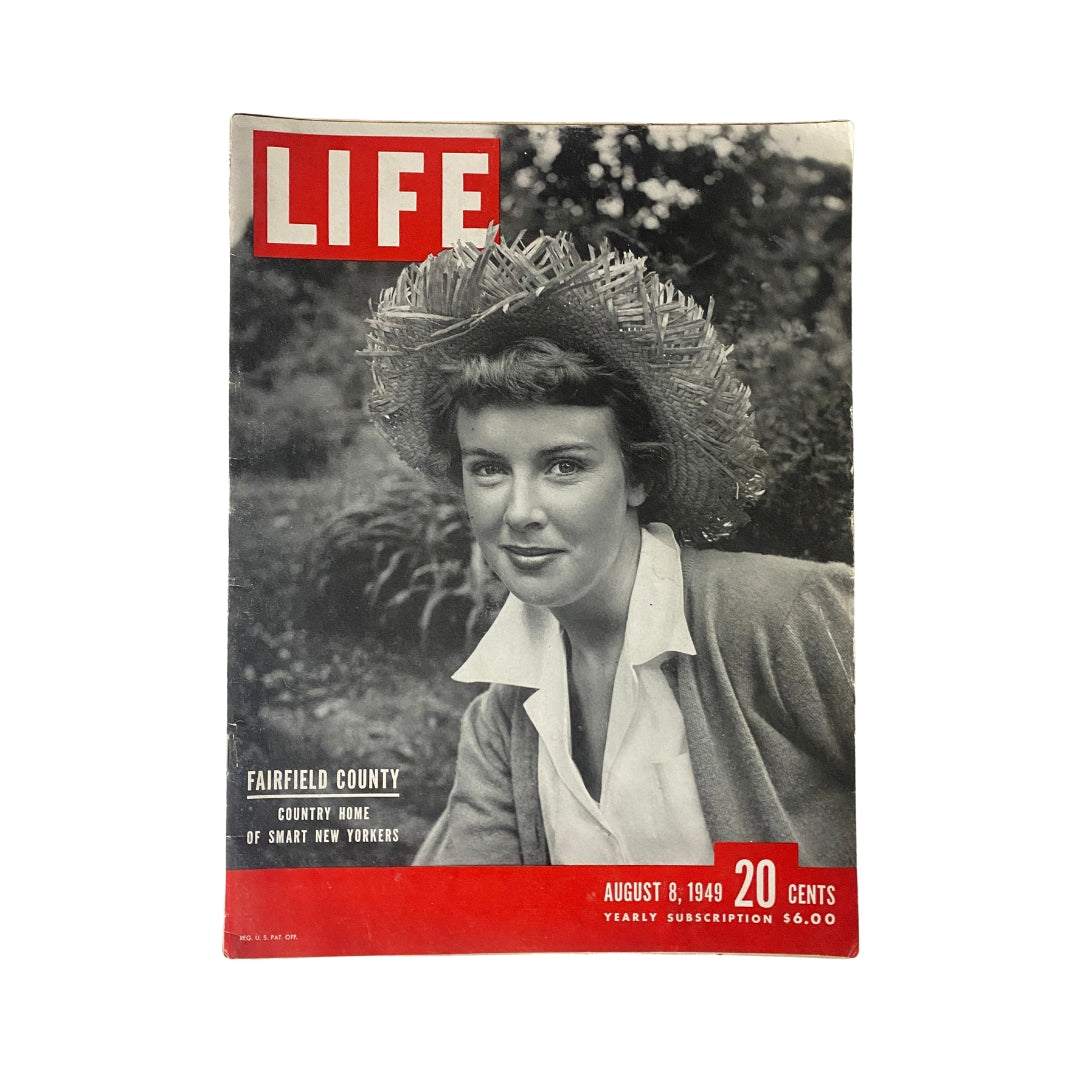 Cover of VTG Life Magazine, August 8, 1949 featuring Fairfield County, with a woman in a straw hat, showcasing the theme 'Country Home of Smart New Yorkers'.