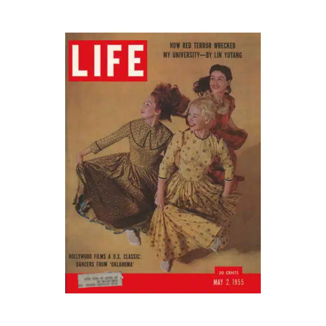 Vintage Life Magazine cover from May 2, 1955 featuring dancers from the movie Oklahoma, showcasing the vibrant fashion and spirit of the 1950s, with a bold red title and colorful dresses.