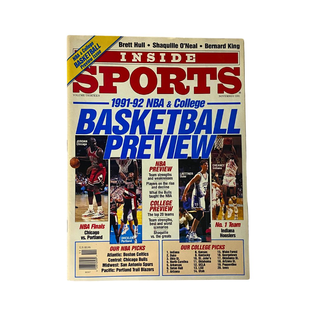 Cover of Inside Sports Magazine November 1991 & 1992 NBA & College Basketball Preview featuring basketball stars and previews, vintage sports magazine.
