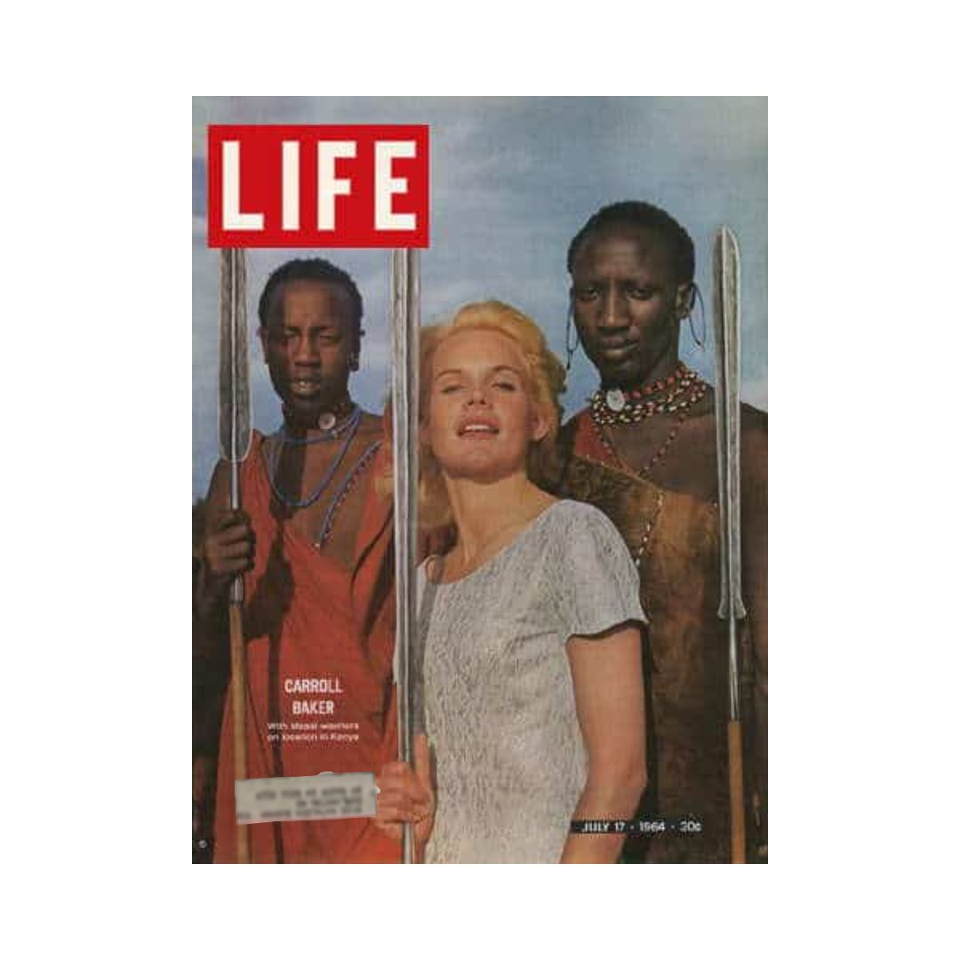 Cover of VTG Life Magazine from July 17, 1964 featuring Carroll Baker with Masai warriors in Kenya, showcasing a vibrant image reflecting the cultural interactions.