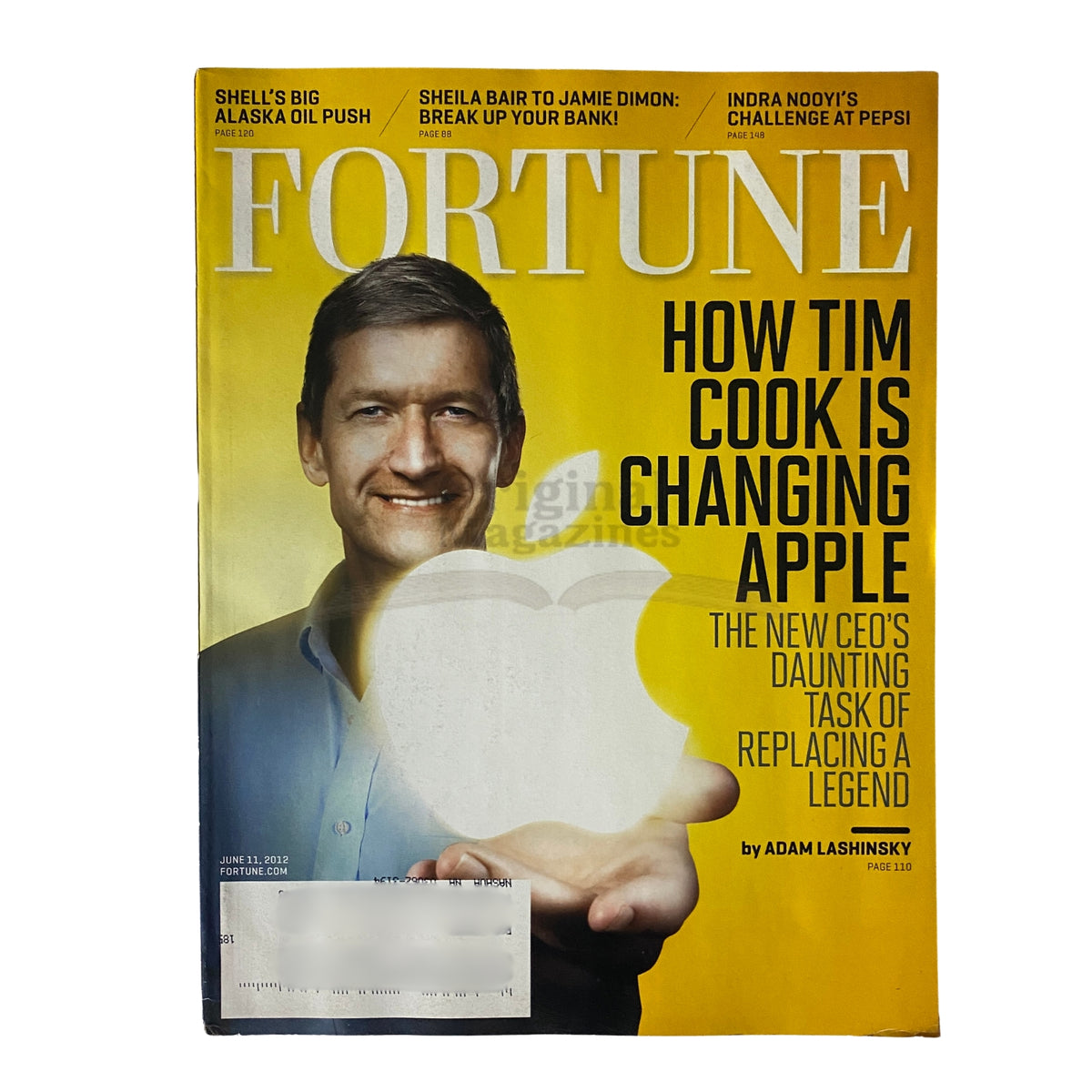Fortune Magazine June 11, 2012 issue featuring the cover story 'How Tim Cook Is Changing Apple'. The cover showcases Tim Cook holding an Apple logo, highlighting the changes in leadership at Apple.