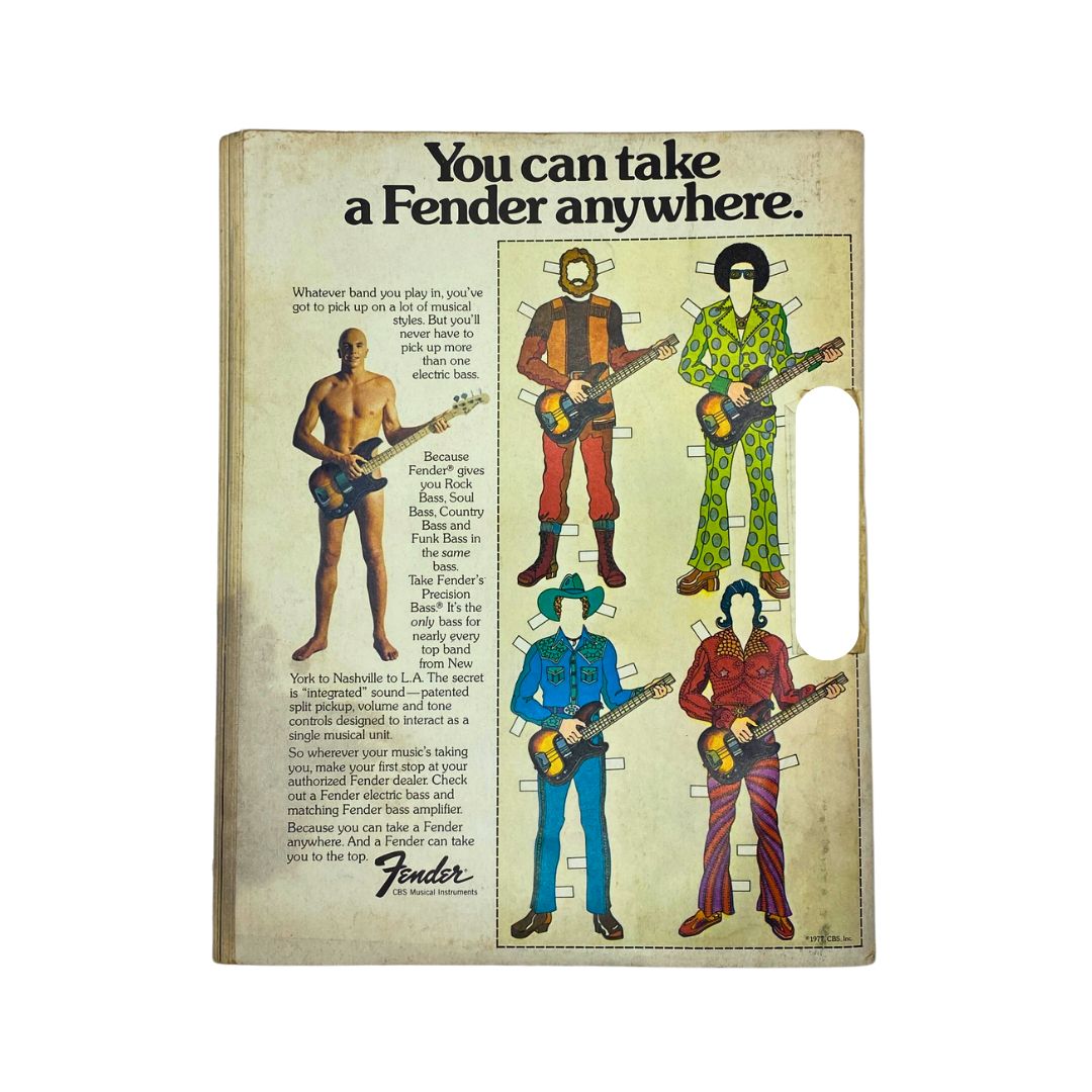 Back cover of Guitar Player Magazine January 1978 featuring a Fender advertisement with colorful illustrations of musicians promoting Fender electric basses.