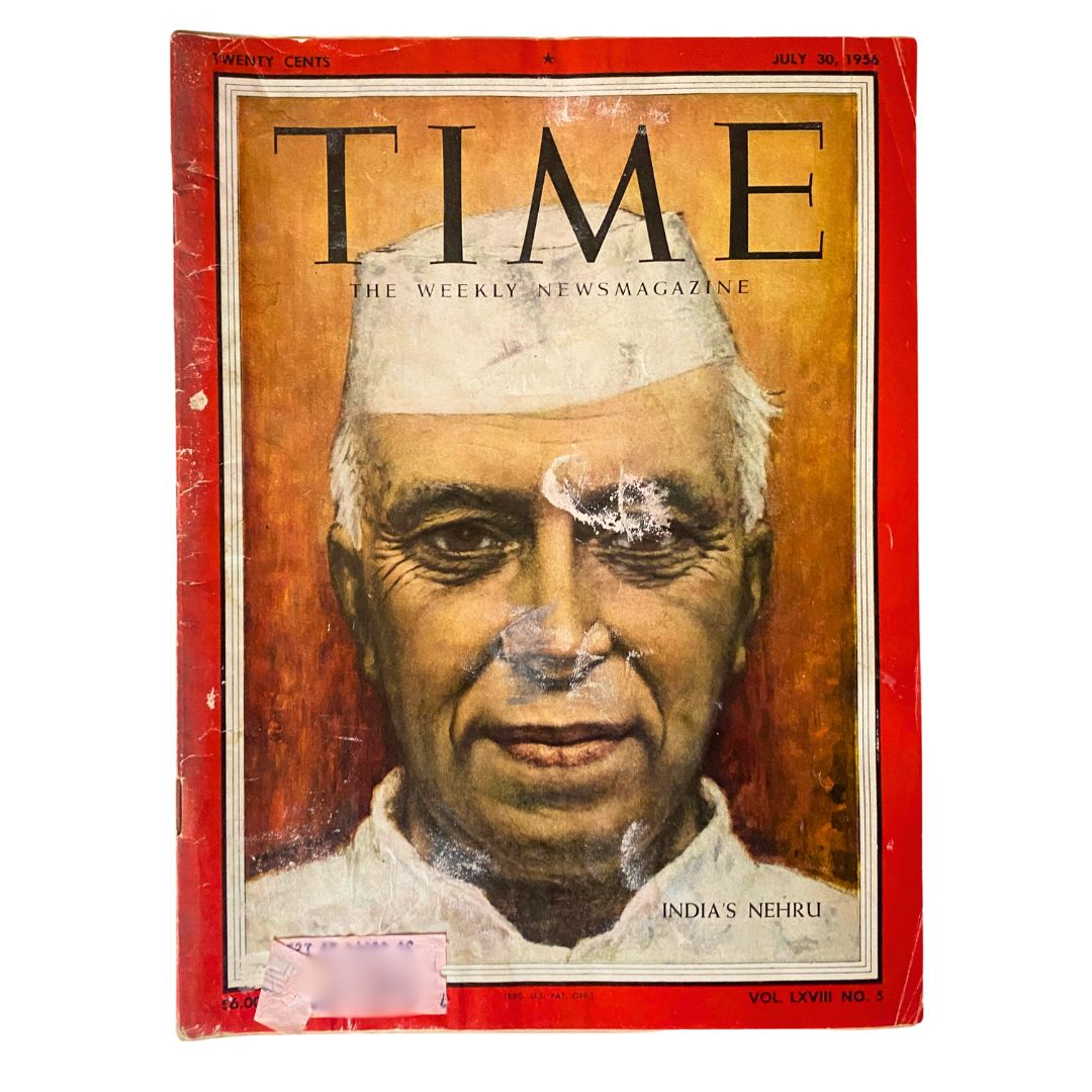 Vintage Time Magazine from July 30, 1956, featuring India's Jawaharlal Nehru on the cover with visible wear and tear, presenting a significant historical collectible.