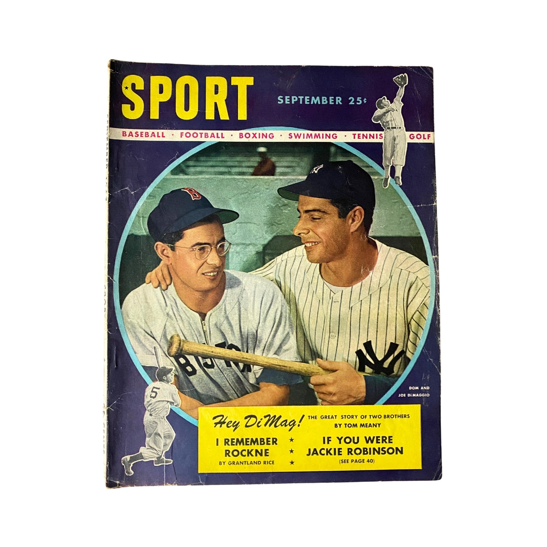Cover of Sport Magazine, September 1947, featuring Dom and Joe DiMaggio, showcasing vintage baseball memorabilia.