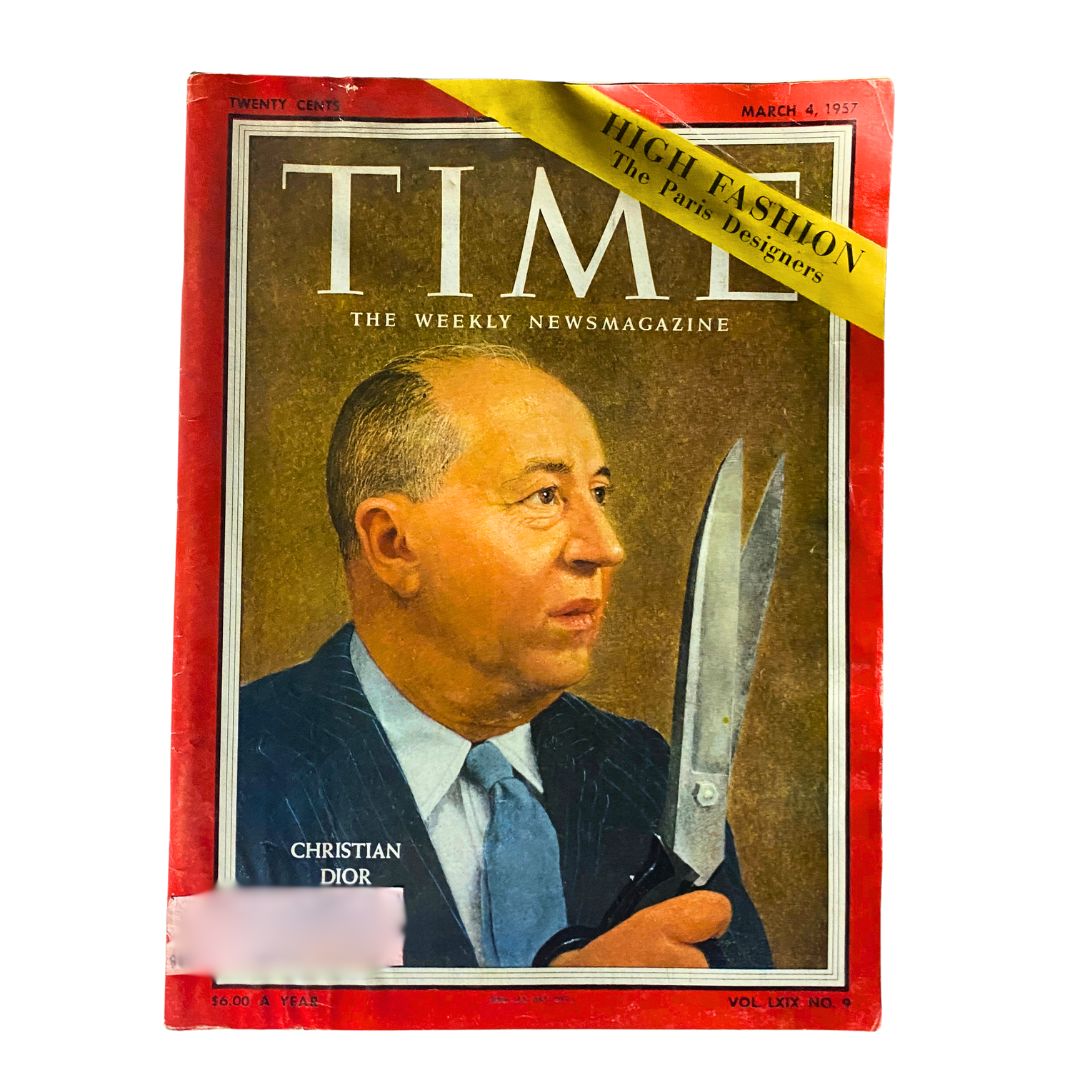VTG Time Magazine March 4, 1957 Vol 69 No. 9 featuring Christian Dior on the cover, showcasing a historical fashion moment.