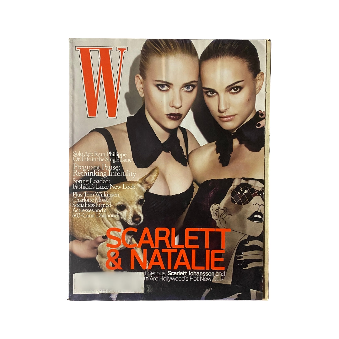 W Magazine March 2008 cover featuring Scarlett Johansson and Natalie Portman, showcasing Hollywood glamour and fashion.