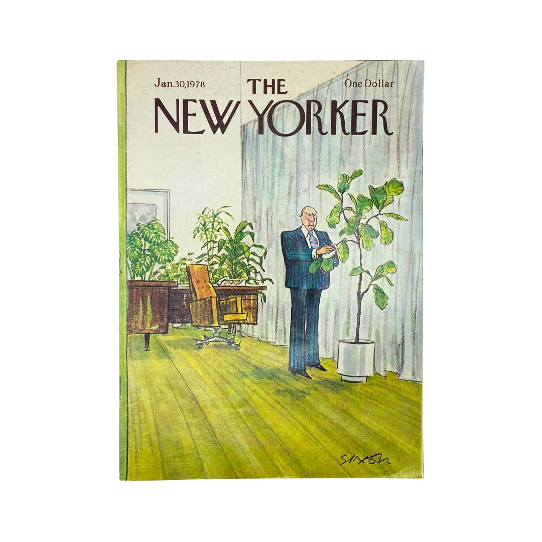 The New Yorker Complete Magazine January 30, 1978 featuring a Charles Saxon cover illustration depicting a man in a suit taking care of a plant in an office setting, showcasing vintage magazine art.