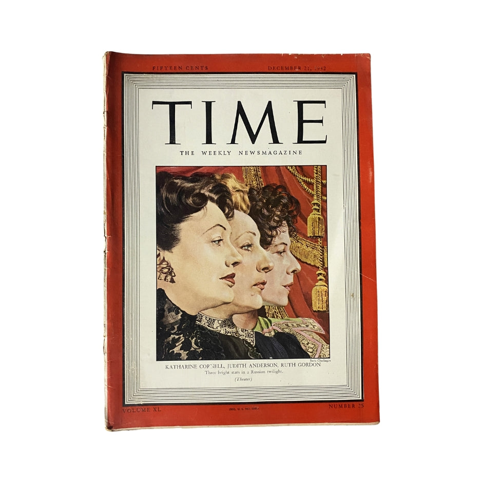 Cover of VTG Time Magazine December 21, 1942 featuring Katharine Cornell, Judith Anderson, and Ruth Gordon, showcasing their profiles and titled 'Three British Stars in a Russian Trilogy.'