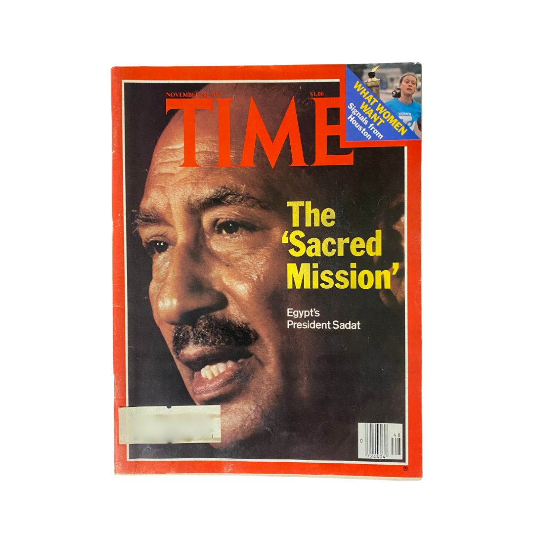 VTG Time Magazine - November 28, 1977 featuring Egypt's President Anwar El-Sadat on the cover with the headline 'The Sacred Mission'.