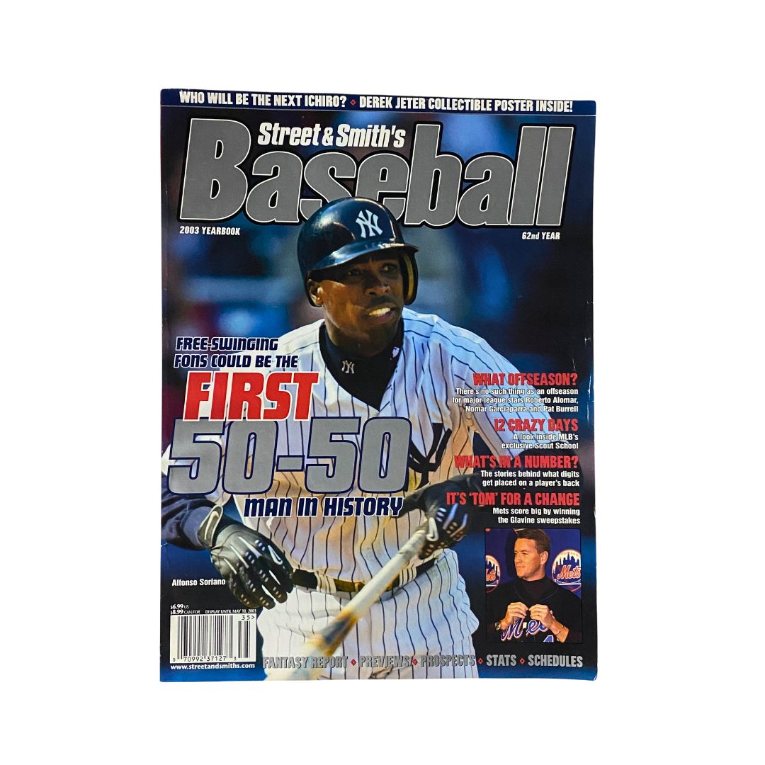 Cover of Street & Smith's Baseball Yearbook 2003 featuring Alfonso Soriano in Yankees uniform, highlighting his achievement as the first 50-50 man in history.