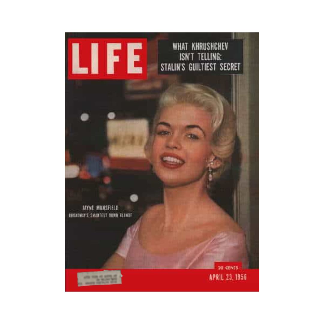 Cover of VTG Life Magazine dated April 23, 1956 featuring Jayne Mansfield, showcasing the glamour of 1950s Hollywood, with the headline discussing secrets related to Stalin.