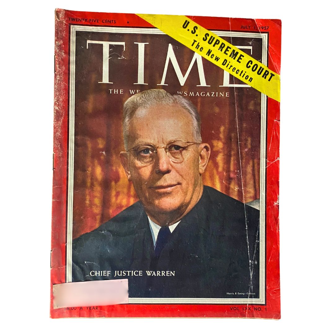 Vintage Time Magazine July 1, 1957 featuring Chief Justice Earl Warren on the cover, highlighting the historical significance of the U.S. Supreme Court decisions.