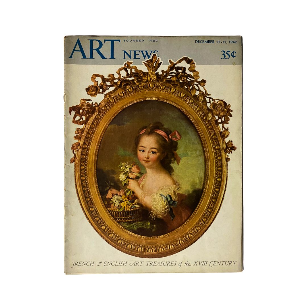 Vintage magazine cover from Art News, December 15, 1942, featuring the artwork 'Girl Holding a Flower Basket' by H. Drouais, representing important art treasures of the XVIII century.