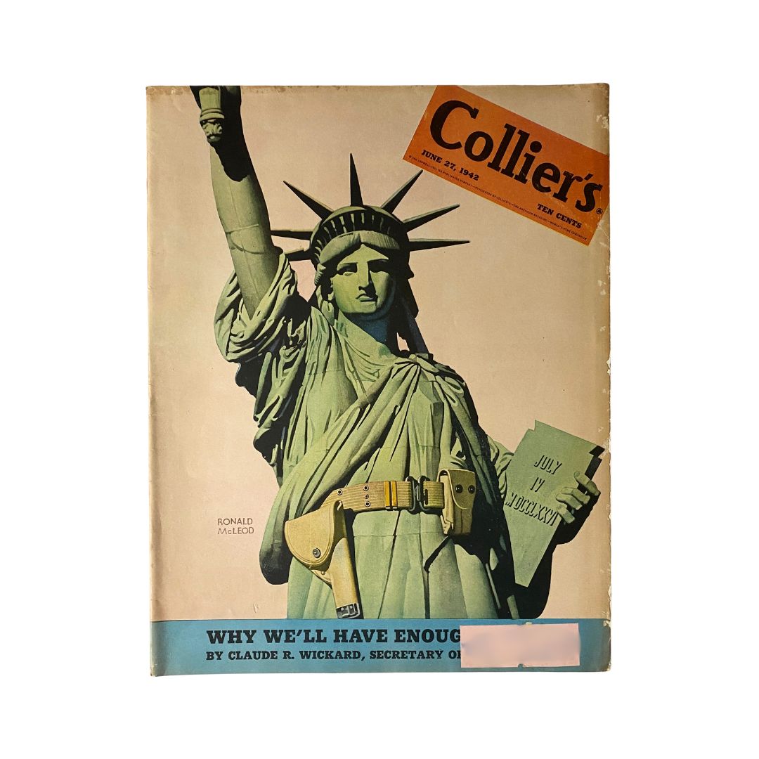 Cover of VTG Collier's Magazine dated June 27, 1942, featuring a striking illustration by Ronald McLeod of the Statue of Liberty holding a sign, symbolizing hope during World War II.