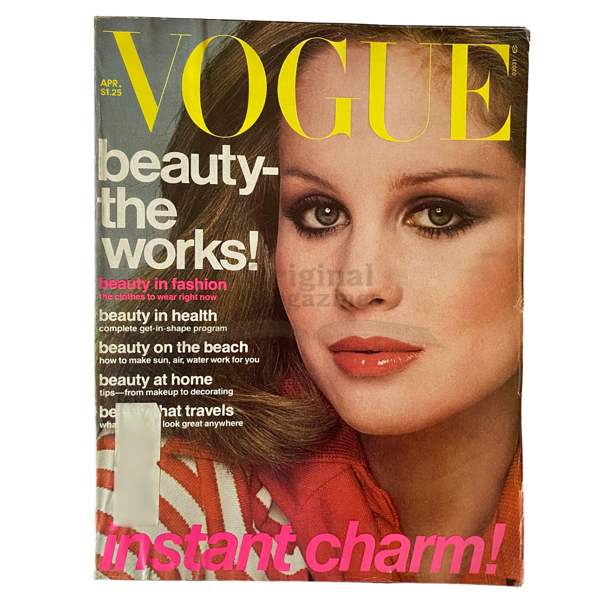 Vogue Magazine April 1976 cover featuring Rosie Vela, photographed by Francesco Scavullo, highlighting themes of beauty and fashion.