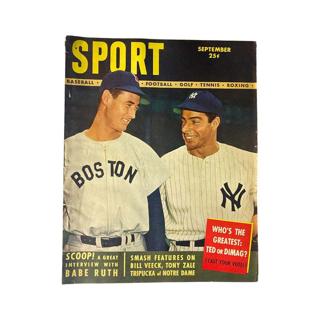 Sport Magazine September 1948 cover featuring baseball legends Ted Williams and Joe DiMaggio, highlighting a great sports rivalry.