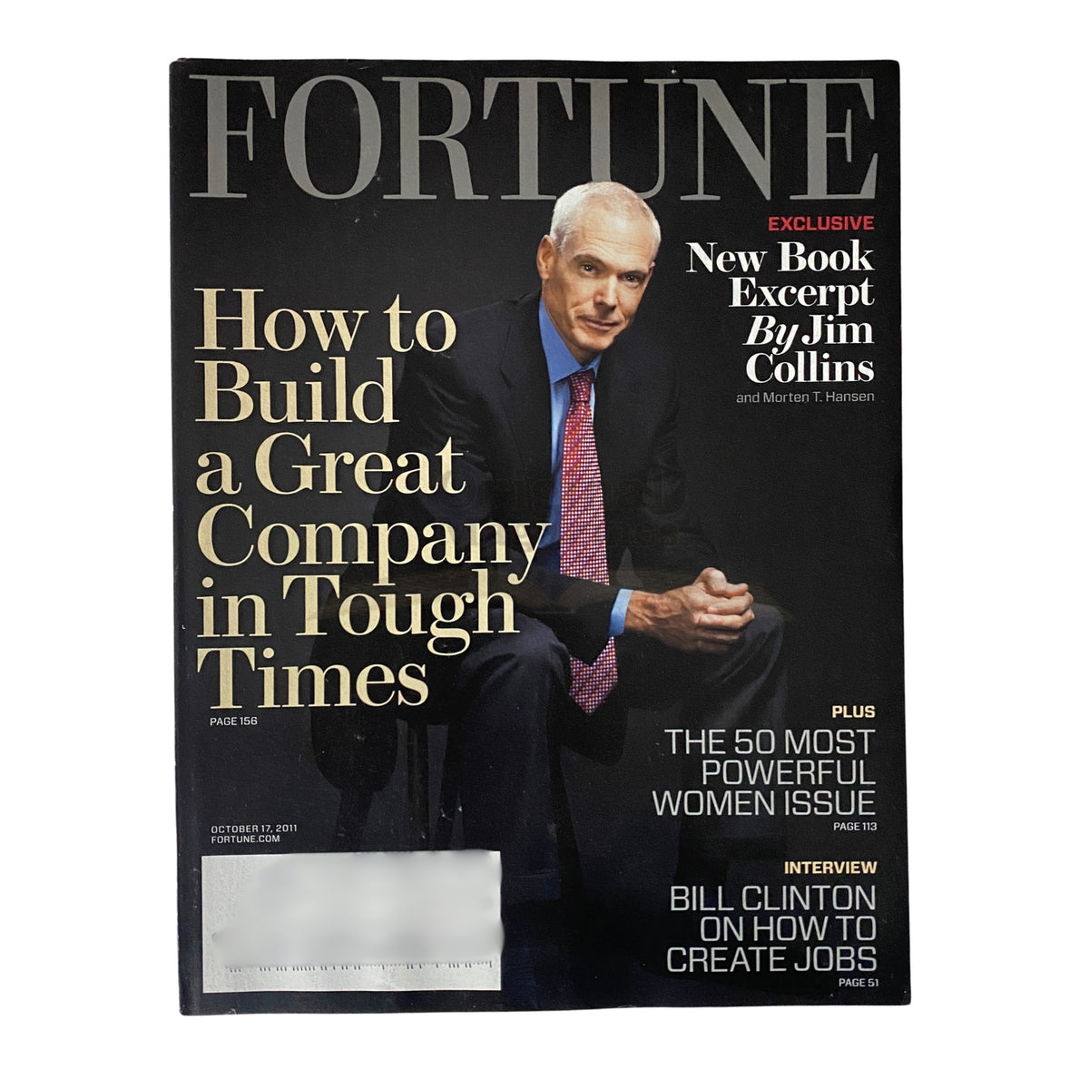 Cover of Fortune Magazine dated October 17, 2011 featuring the title 'How to Build a Great Company in Tough Times' alongside an exclusive new book excerpt by Jim Collins.