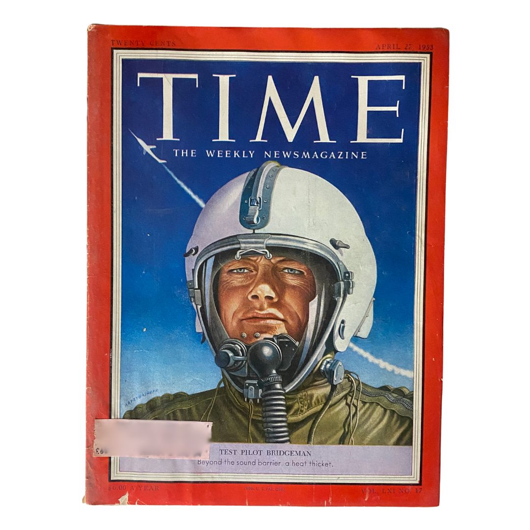 VTG Time Magazine April 27, 1953 featuring Bill Bridgeman on the cover, showcasing a vintage design with a portrait of the test pilot and a blue sky background.